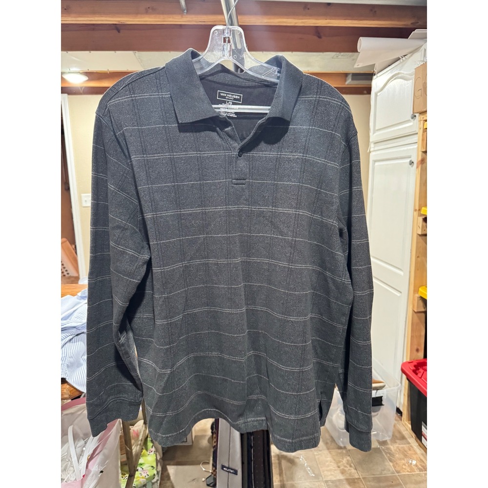 Van Heusen Flex Mens Large Charcoal Grey Windowpane Long Sleeve Polo Shirt L